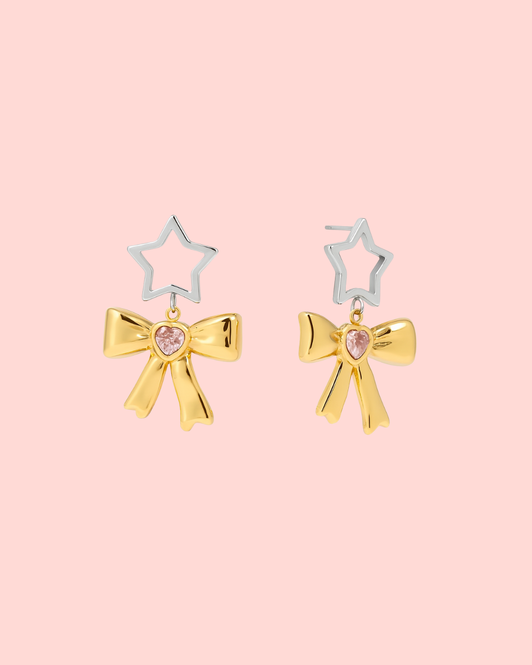 waterproof gold coquette bow earrings with pink heart stone – Coquette Earrings